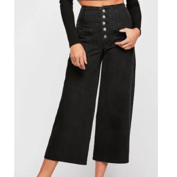 Free People Black Wide Leg Crop Jeans Exposed Button Fly High Rise 31 - Picture 1 of 12